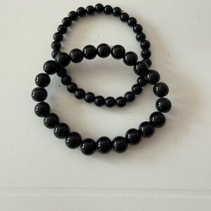 Black Beaded Stretch Bracelet Set - 2 Stackable Bracelets